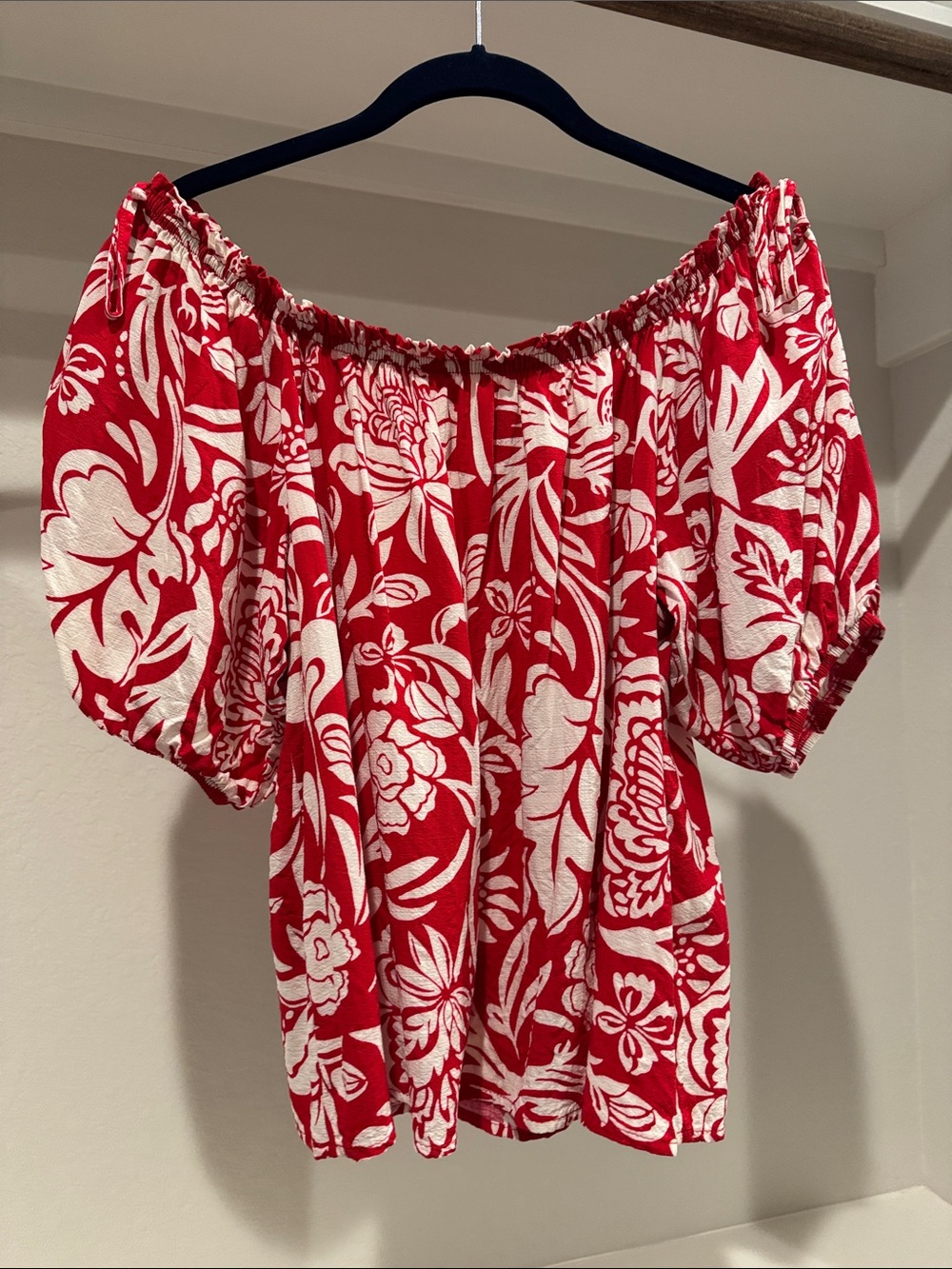 Knox Rose Red and White Off-Shoulder Floral Blouse